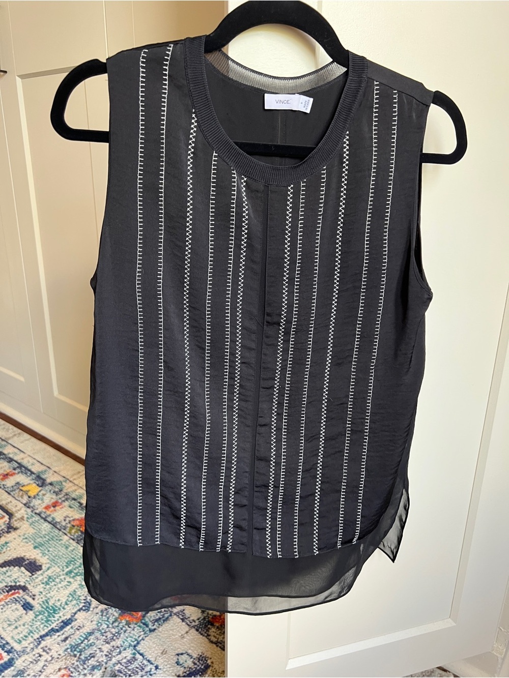 Vince silk Sleeveless Black tank Top with White Contrast Stitching and Silk Trim